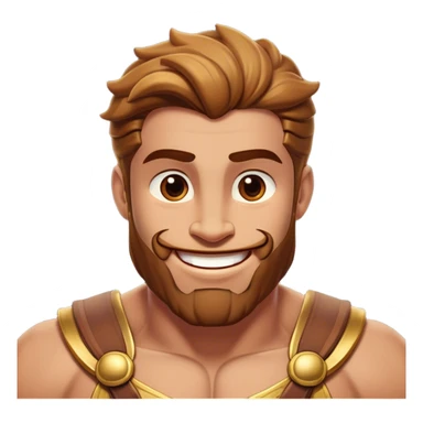 Cinematic Realistic Hercules Portrait, head tilted playfully and inquisitively, showcasing his formidable build softened by a warm, inviting smile. His eyes sparkle with a sense of mirth and determination, while his detailed attire and natural highlights capture the essence of a mighty hero with a friendly spirit. sticker
