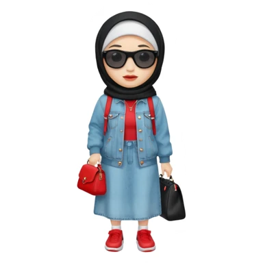 female memoji character, iPhone style, wearing black hijab, white long dress, oversized light blue denim jacket, white socks, black shoes with red detail, black shoulder bag, sunglasses on head, cute expression, no background, transparent PNG sticker