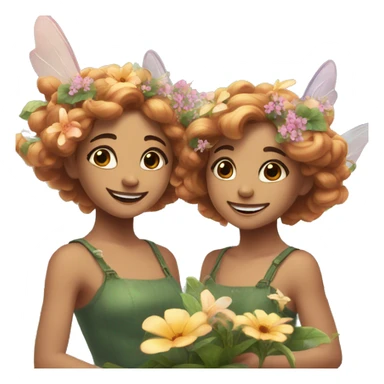 two fairies flying, beautiful, flowers in hair, smiling, aesthetic sticker