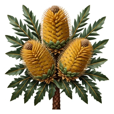 Cinematic Realistic Banksia Emoji, Bold and striking, with spiky, cylindrical flower heads covered in rich golden hues. The leaves are thick and leathery, adding a sense of strength to this unique and iconic tree. Soft glowing outline, capturing the essence of Australian ruggedness and floral beauty in a distinctive banksia tree! sticker