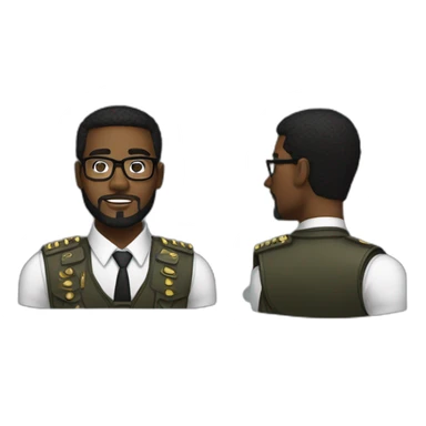 black soldier with beard, part in black hair, white collared shirt, bow tie, gold frame glasses, bulletproof vest  sticker