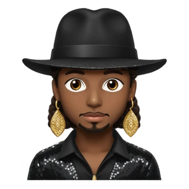 Kamal "Chance" Givens with dark brown hair, black sequin outfit, black hat sticker