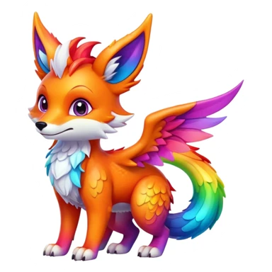 Cartoon Fox dragon hybrid with wings face front full body rainbow colored sticker