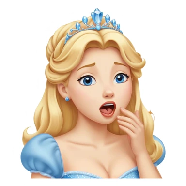 Cinematic Realistic Yawning Cinderella Portrait, showcasing lifelike porcelain skin and intricately detailed golden-blonde hair styled flawlessly as she mid-yawn reveals a moment of tender vulnerability. Her half-closed blue eyes and relaxed expression are rendered with natural, soft lighting that emphasizes the subtle textures of her face and the detailed, flowing fabric of her iconic gown. The scene glows with a cozy, authentic warmth that captures a rare, intimate moment of repose. sticker