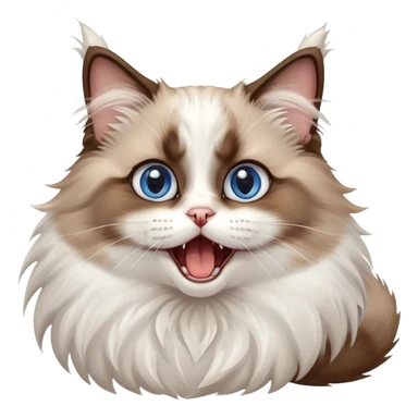 cinematic-adorable-big-eyed-fluffy-brown and white ragdoll-cat-portrait-emoji,-head-tilted-playfully-with-a-cute,-yawn,-soft-brown-and white-colored-fur-with-darker-points-on-the-ears,-simplified-yet-irresistibly-cute-features, sparkling blue eyes sticker