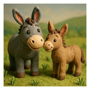 donkey and foal together, cute and cheerful, detailed fur, in a grassy meadow, claymation style sticker