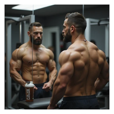 realistic male bodybuilder in definition phase, shirtless in front of mirror, observing reflection with frustrated expression, less full muscles, visible veins, gym with soft lighting, protein shaker on bench sticker