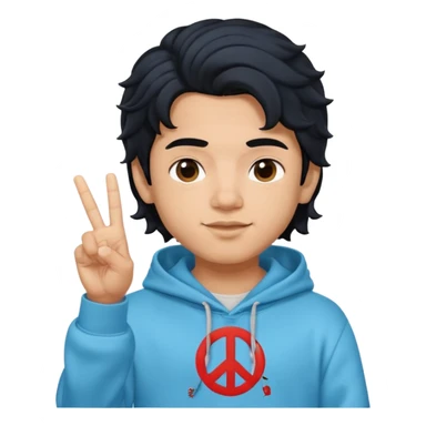 An indian boy in a light blue hoodie with wavy flow hairstyle showing peace sign, with black hair color, apple memoji style sticker