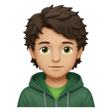 a 14 year old slightly tanned teenage boy with dark brown tousled wavy hair, dark brown eyes wearing a green tshirt, with a dark green hoodie overcoat. smirking sticker