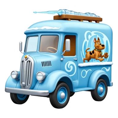 The Flintstones shiny ice-blue frozen Scooby Doo 1915 Lightning Bug busters liquidator’s antique long wheelbase moving truck  sticker