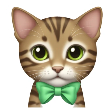 kawaii brown tabby kitten with green eyes and pastel green bow on top of head sticker