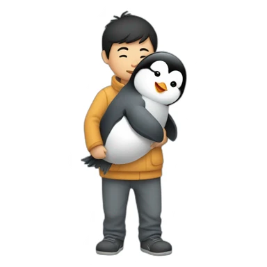 An Asian man carrying a baby penguin sticker