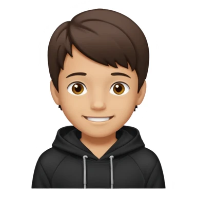 A brunette boy, short straight hair, light brown eyes, with a black sweatshirt with a hoodie, and smile without teeth  sticker