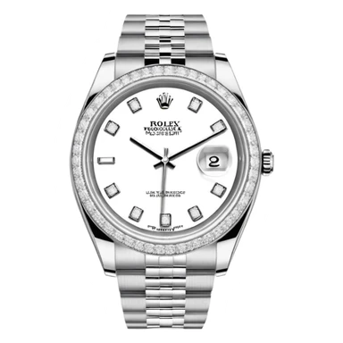 Crie um emoji com essas especificações: Um Rolex Datejust "Iced Out" prateado, totalmente coberto por diamantes na caixa, luneta e com diamantes na pulseira Jubilee. O mostrador possui fundo cravejado com diamantes (pavé), algarismos romanos pretos e lente de aumento na data. sticker