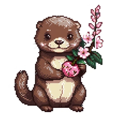 cute otter holding a cherry blossom flower sticker