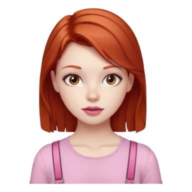 Redhead girl with deep brown eyes, pale skin with light red lips wearing a pink strap shirt sticker