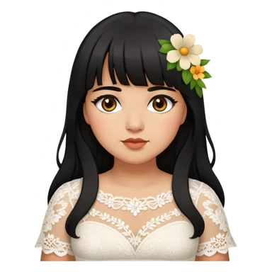 Latina girl with bangs black long hair plus size white lace dress with flowers sticker
