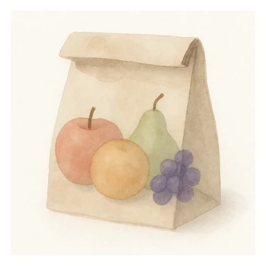 watercolor style lunch bag with fruit inside, soft edges, gentle colors, artistic look sticker