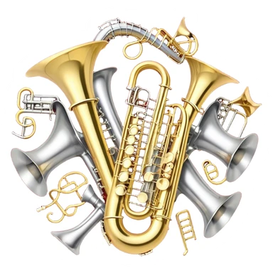 Create a festive and elegant emoji collage featuring a bouquet or fan of bells of wind instrument  (trumpets, saxophones, trombones, tubes, etc.) arranged in a radiant, symmetrical pattern. The instruments should have polished, golden and silver finishes, with their large, shiny bells forming a beautiful, fan-like display. Include a flowing ribbon of musical notes swirling through the center, conveying movement and melody. The background should feature a deep red velvet texture, adding a touch of luxury and sophistication. The overall composition should be balanced, with an elegant and regal feel, with a transparent background to keep focus on the instruments and musical elements. sticker