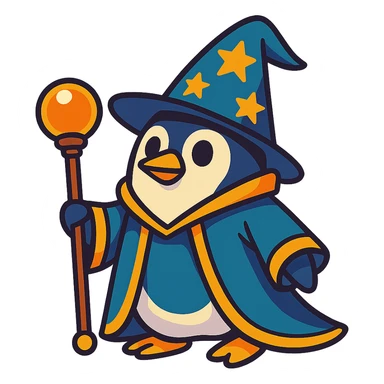 fun and whimsical penguin dressed as a wizard, with a pointy hat and a magic staff sticker