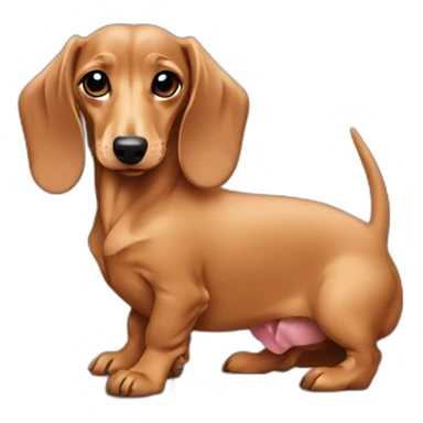 A fawn colored dachshund behind a laptop sticker
