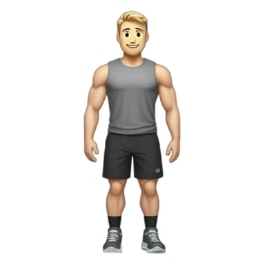 Full height Actively gesturing with hands Pale skinned Fit Man With the biceps and light brown hair with Bristle in dark gray Sleeveless Mike, black oversize sports shorts and white Sneakers sticker
