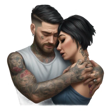 Hyper Realistic Beautiful tattooed woman crying in the arms of a handsome tattooed man  sticker