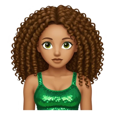Melanie Brown with long brown curly hair, green sequin crop top, dark brown eye sticker