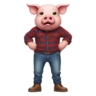 An angry humanoid pig wearing a red long sleeved flannel with blue jeans and brown shoes sticker