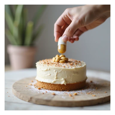 realistic concept of integration as the final touch, hand adding a supplement capsule on a decorated cake, expression of satisfaction, creative details, bright home environment sticker