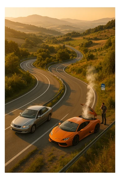 "Aerial view of winding mountain road through Italian countryside, steady reliable sedan maintaining consistent pace with confident driver, versus flashy supercar stopped at roadside with hood open and steam rising, mechanic being called on phone, 300km milestone sign visible in distance, moral lesson about reliability over showmanship, golden hour lighting" sticker