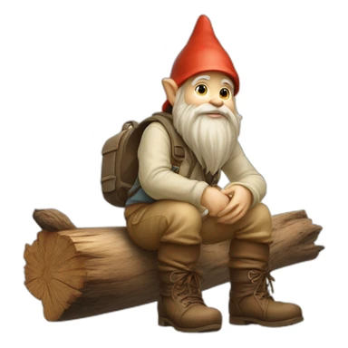 side view of gnome with light tan pants and light tan boots squatting above small brown log sticker