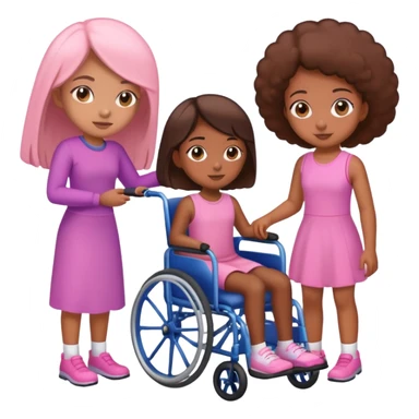 One tan skin sister standing behind her brown skin sister in a pink wheelchair sticker