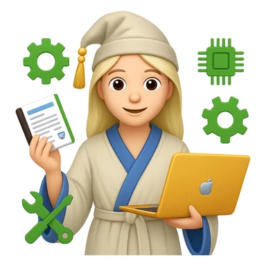 Create an emoji style image of a wizard in a white cloak, holding a resume and a laptop, surrounded by engineering icons. The engineering icons should be green in color. The style should reflect the look of apple style emojis with concise details and vibrant colors. sticker