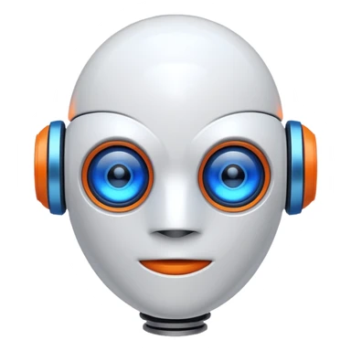 "Cartoon-style robot head with glowing blue eyes, white shell, orange-tipped arms, and blue gradient background" sticker