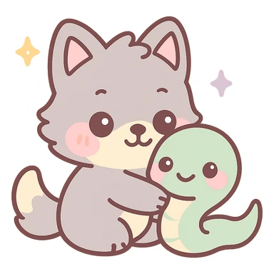 kawaii wolf hugging a kawaii snake, chibi style, blushing cheeks, sparkles sticker