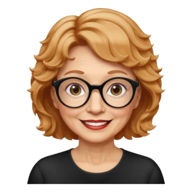 woman 70 years old, very short strawberry blonde weavy hair, brown eyes and round dark glasses smile sticker