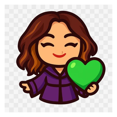 Create a chibi emote of the woman in the first reference image, in the style of the second reference image, holding a green love heart sticker