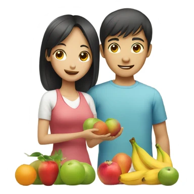 Asian girl giving fruits, man with blue eyes sticker