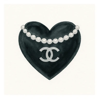 glossy black heart with a string of pearls around it, featuring a silver Chanel logo in the center, elegant, black and white color scheme, watercolor art style sticker