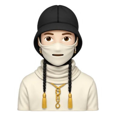 Ultra-detailed studio shot of a post-apocalyptic off-white balaclava — deconstructed, frayed, layered, with braided rope tassels and subtle embroidery. Minimalist white background, soft lighting, sharp focus. High-fashion streetwear aesthetic. The face of a person in a mask should not be visible sticker
