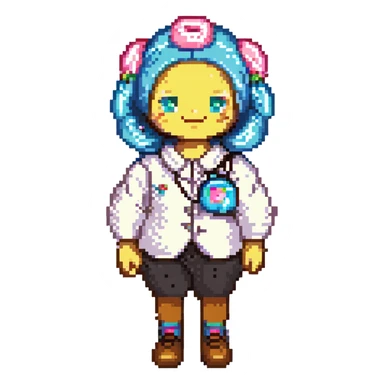 A whimsical candy-themed baker standing in a pastel pink confectionery lab. The walls are made of bubblegum bricks, the countertops shimmer like strawberry frosting, and the air sparkles with powdered sugar mist. The baker is extravagantly adorned: licorice swirls as shoul sticker