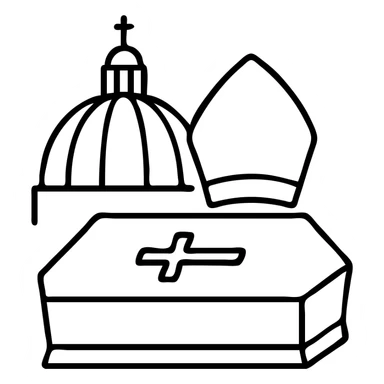 Simple symbolic representation of a papal funeral with St. Peter's dome, a papal mitre, and a ceremonial coffin sticker