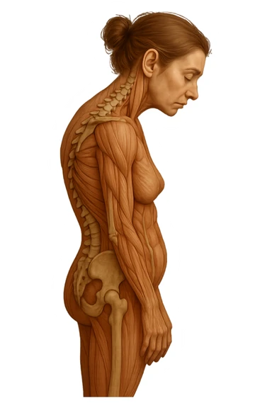 donna di profilo con spina dorsale in evidenza, postura storta, spalle chiuse in avanti, iperrealistica 4k sticker