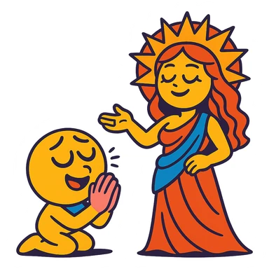 cartoon emoji of a submissive worshipping a beautiful goddess, vibrant and expressive sticker