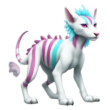 White elegant beautiful natural cute badass epic anthro modern albino Trico-vernid-Fakémon with cyan mane and magenta eyes with cyan edgy stripes, anthropomorphic, two-legged, digitigrade, full body sticker
