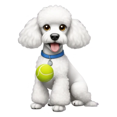 White poodle with tennis ball sticker