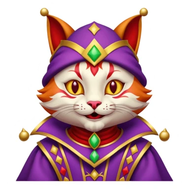 crazy colorful cute little cat jolly joker from poker, medieval, vintage, court jester, mac os icon, purple, gold and red color, half body sticker