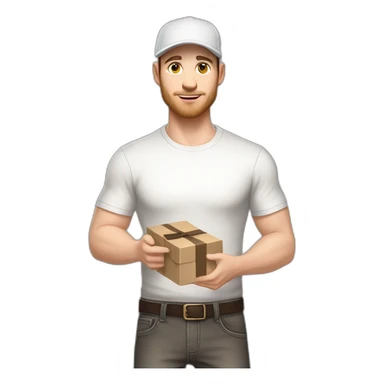 Pale skinned fit Man with dark brown hair in a light gray cap, dark brown jeans, brown polo and white T-shirt keeping a pasted with tape white box into his hands sticker