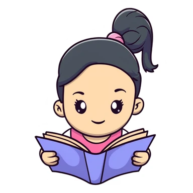 Cute girl with ponytail reading from an open notebook sticker